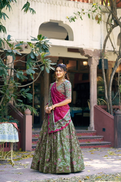 Elegant Bottle Green Floral and Foil Print Tasar Silk Lehenga Choli
