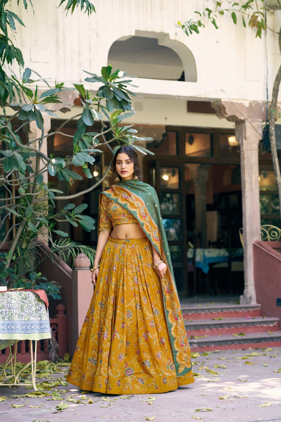 Elegant Mustard Yellow Floral and Foil Print Tasar Silk Lehenga Choli