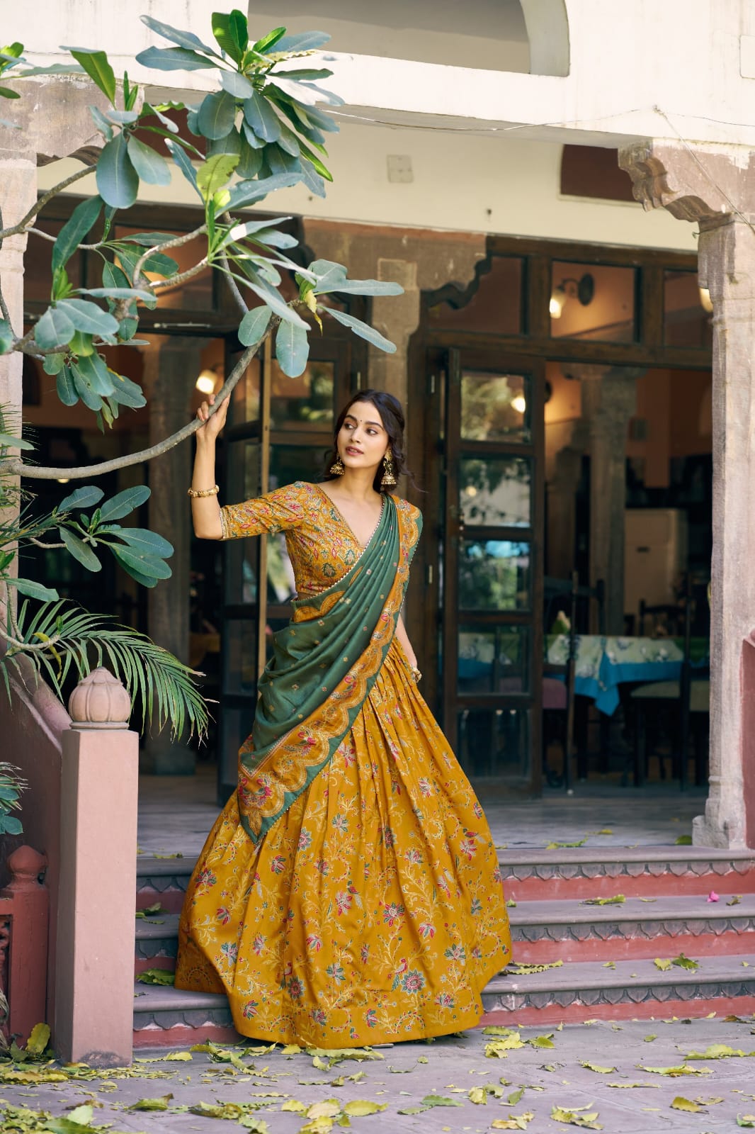 Elegant Mustard Yellow Floral and Foil Print Tasar Silk Lehenga Choli