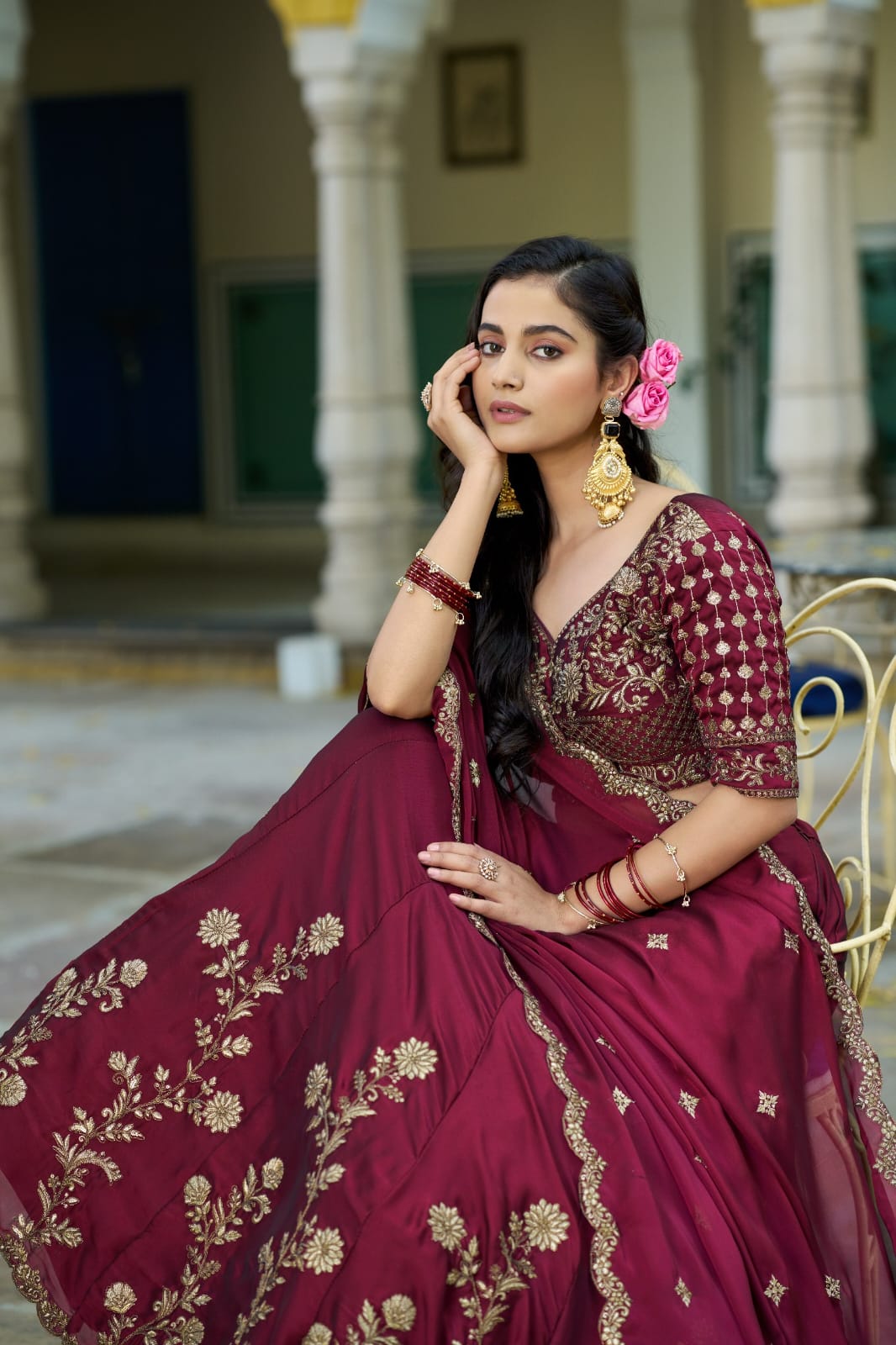 Dark Maroon Rangoli Silk Embroidered Bridesmaid Lehenga Choli with Dupatta