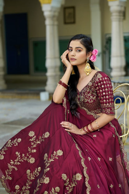 Dark Maroon Rangoli Silk Embroidered Bridesmaid Lehenga Choli with Dupatta
