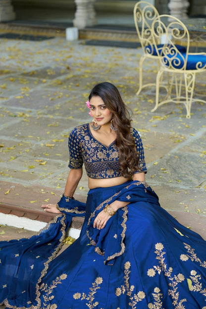 Navy Blue Rangoli Silk Embroidered Bridesmaid Lehenga Choli with Dupatta