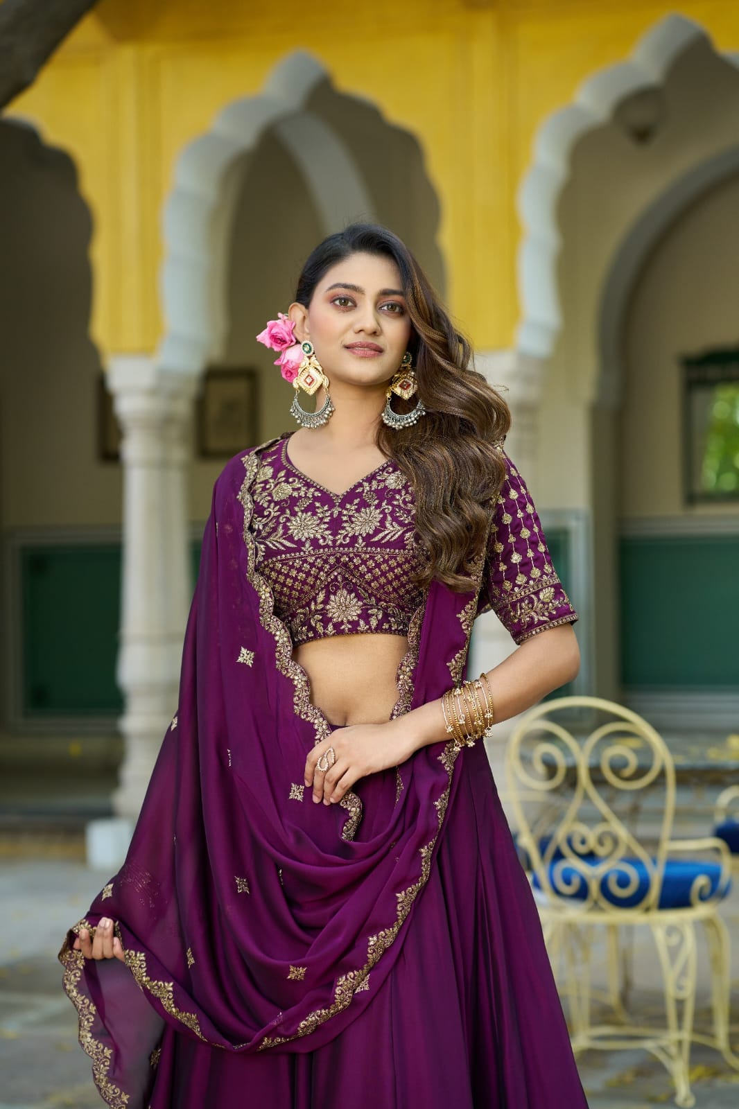 Wine Rangoli Silk Embroidered Bridesmaid Lehenga Choli with Dupatta