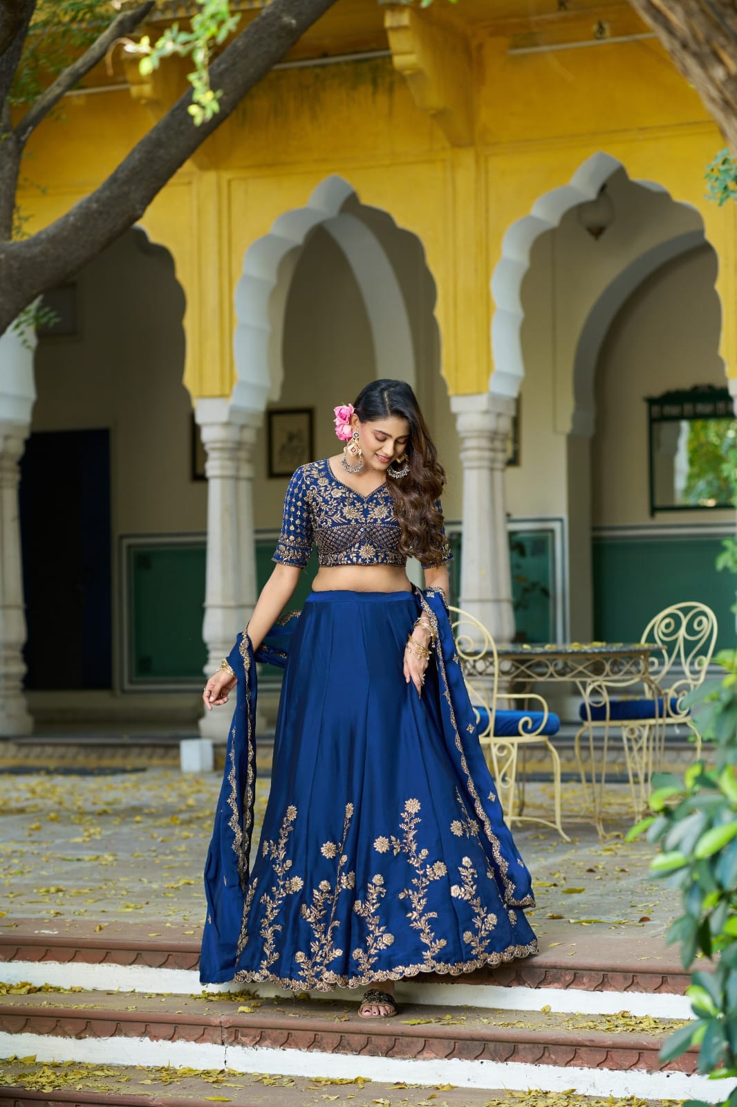 Navy Blue Rangoli Silk Embroidered Bridesmaid Lehenga Choli with Dupatta