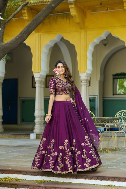 Wine Rangoli Silk Embroidered Bridesmaid Lehenga Choli with Dupatta
