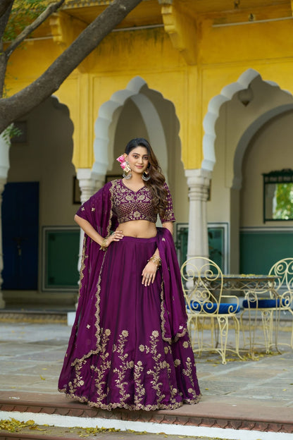 Wine Rangoli Silk Embroidered Bridesmaid Lehenga Choli with Dupatta