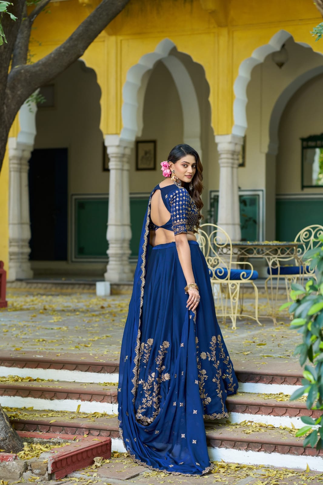 Navy Blue Rangoli Silk Embroidered Bridesmaid Lehenga Choli with Dupatta