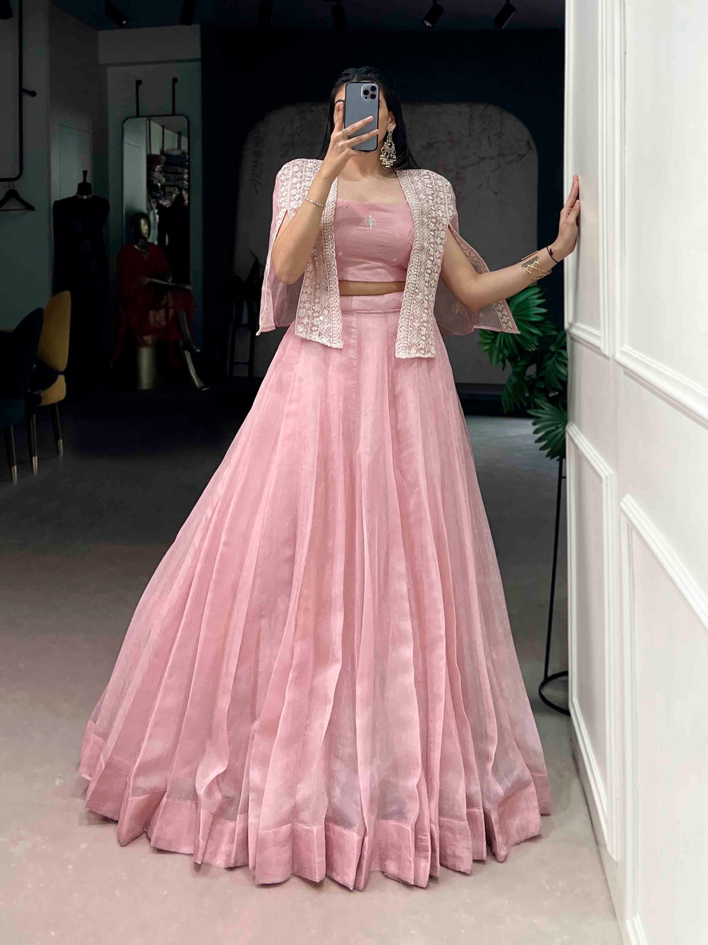 Light Pink Allnen Crush Co-ord Set Lehenga choli with Designer Koti