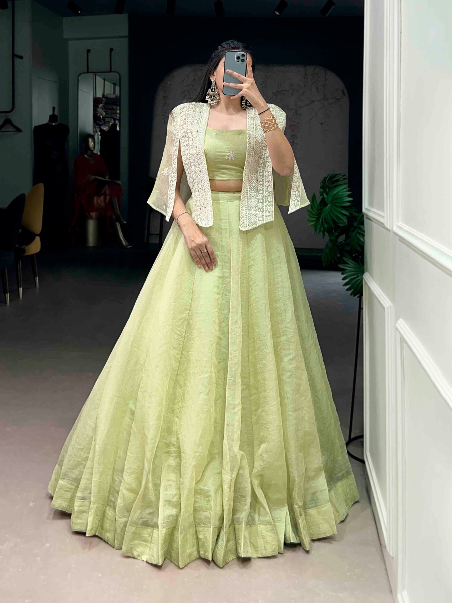 Pista Green Allnen Crush Co-ord Set Lehenga choli with Designer Koti