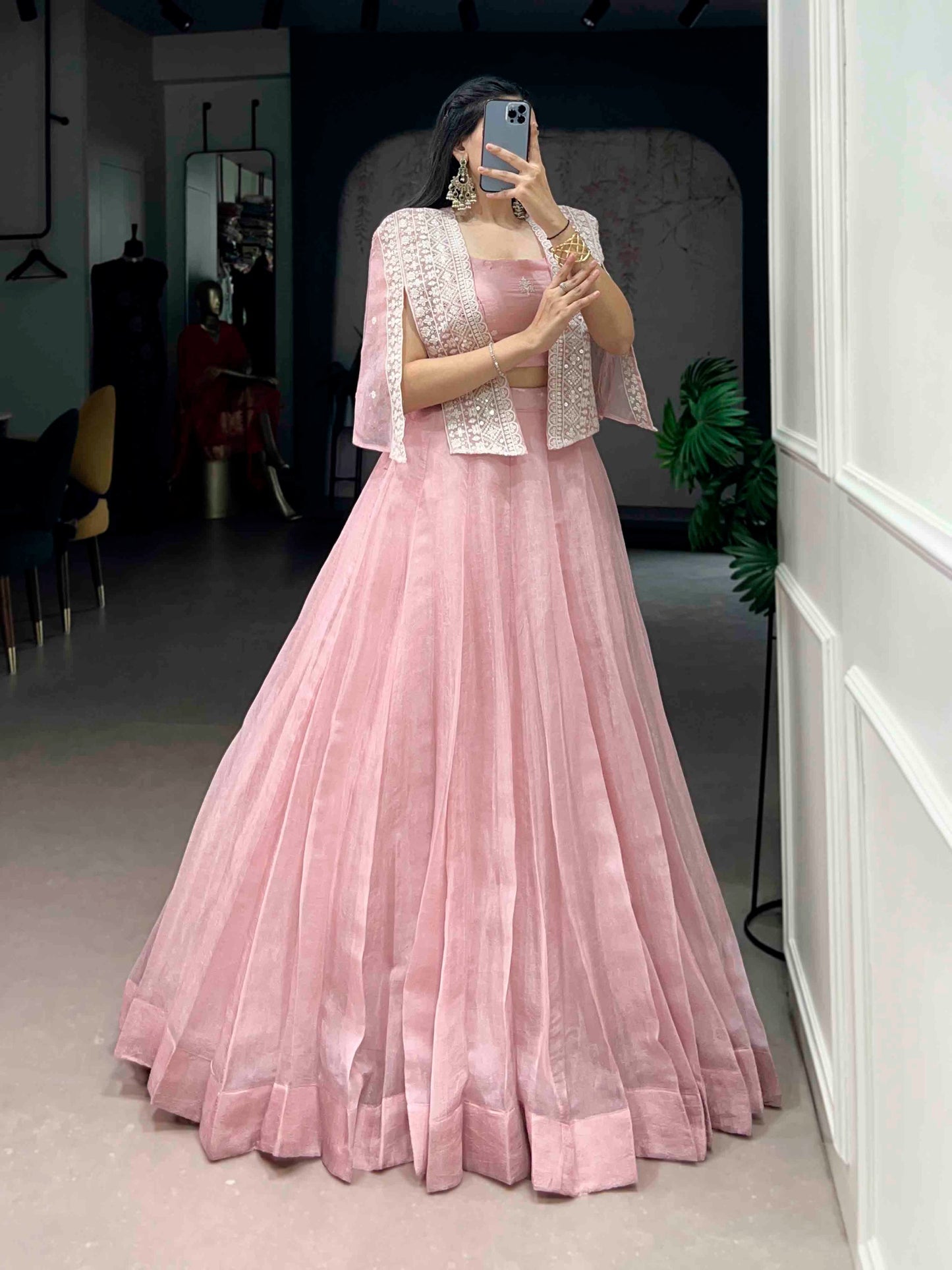 Light Pink Allnen Crush Co-ord Set Lehenga choli with Designer Koti