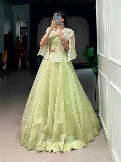 Pista Green Allnen Crush Co-ord Set Lehenga choli with Designer Koti