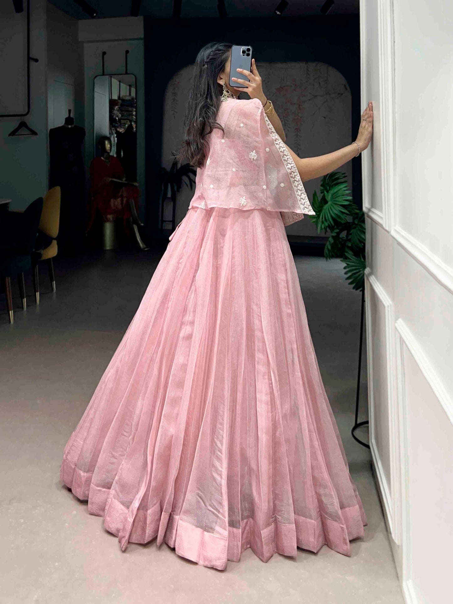 Light Pink Allnen Crush Co-ord Set Lehenga choli with Designer Koti