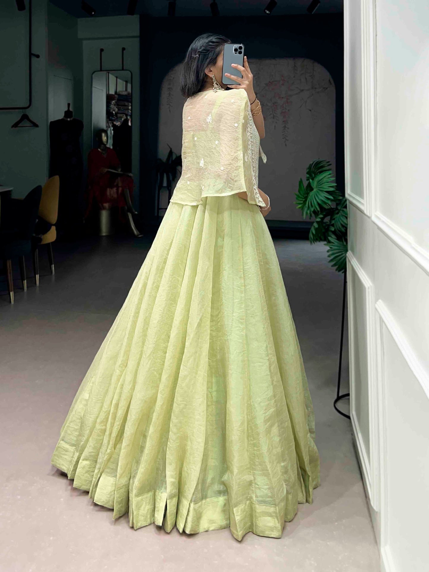 Pista Green Allnen Crush Co-ord Set Lehenga choli with Designer Koti
