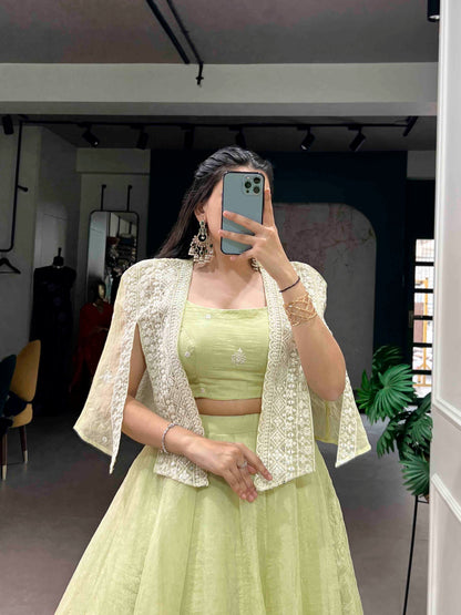 Pista Green Allnen Crush Co-ord Set Lehenga choli with Designer Koti