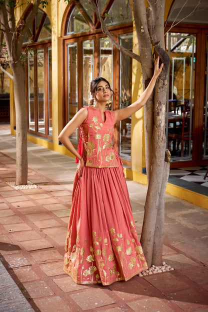 Coral Pink Pure Shimmer Co-ord Set Lehenga choli With Designer Overlay Top