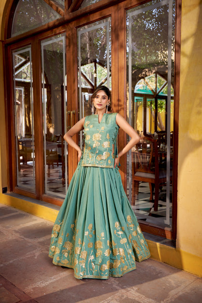 Sea Green Pure Shimmer Co-ord Set Lehenga choli With Designer Overlay Top