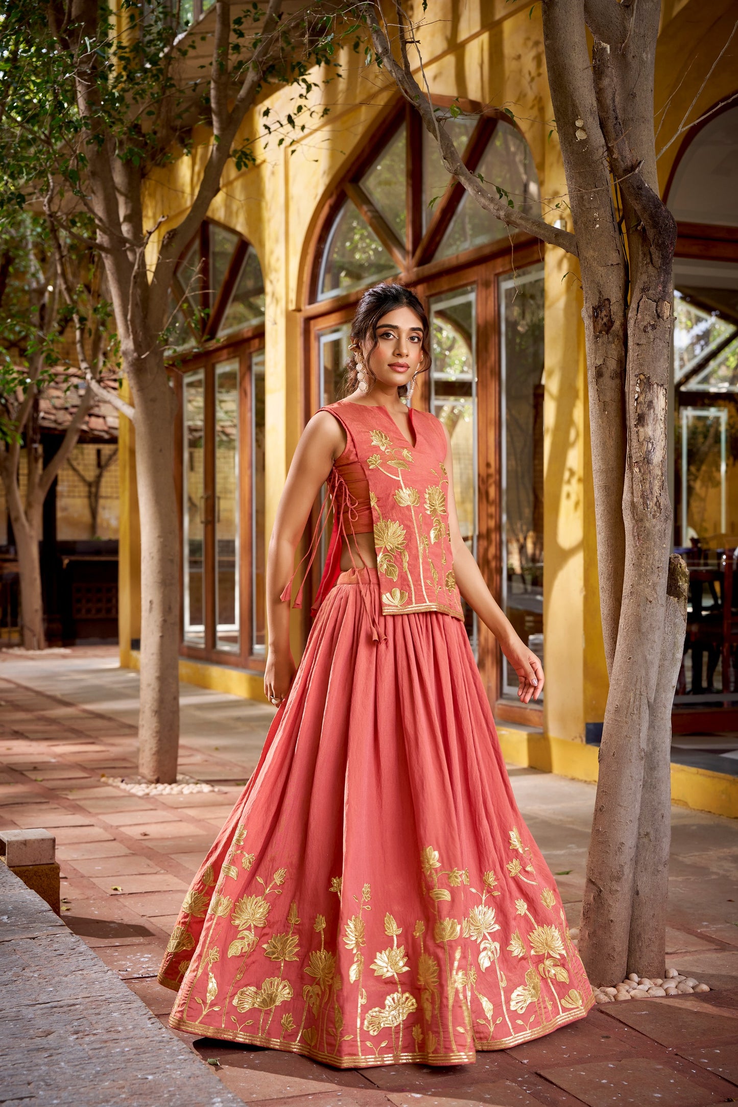 Coral Pink Pure Shimmer Co-ord Set Lehenga choli With Designer Overlay Top