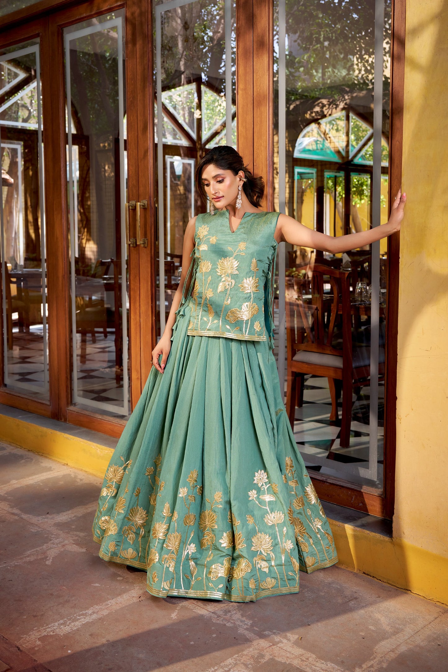 Sea Green Pure Shimmer Co-ord Set Lehenga choli With Designer Overlay Top