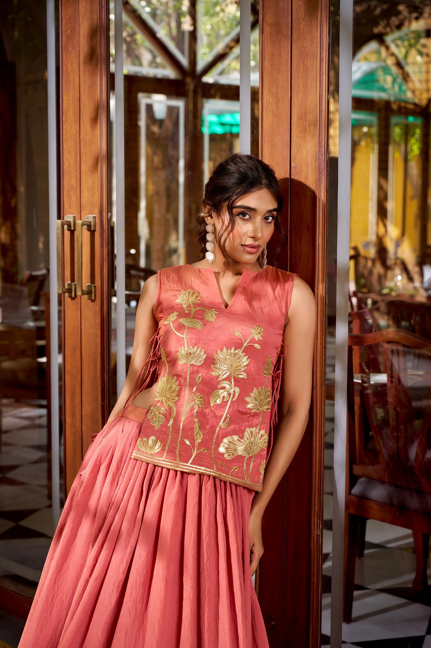 Coral Pink Pure Shimmer Co-ord Set Lehenga choli With Designer Overlay Top
