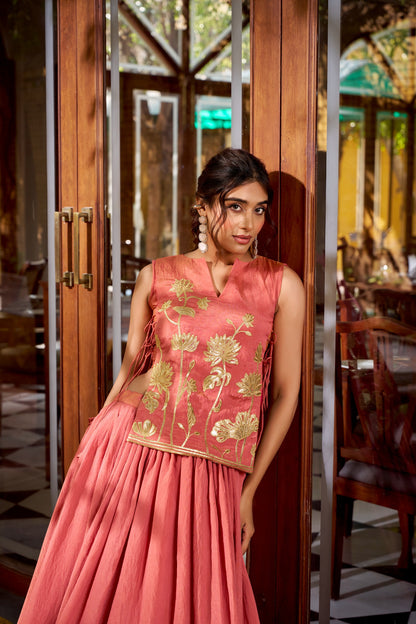 Coral Pink Pure Shimmer Co-ord Set Lehenga choli With Designer Overlay Top