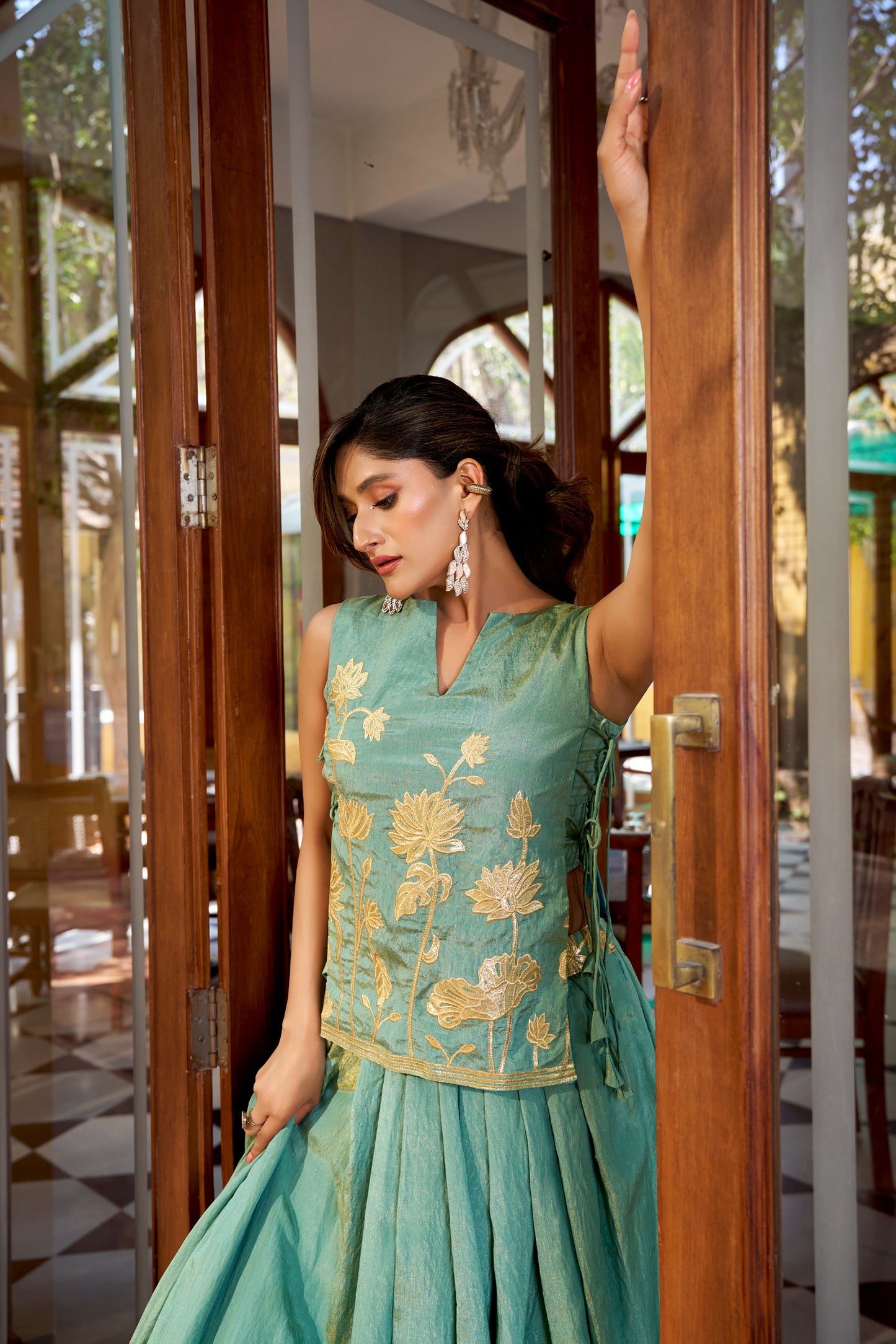 Sea Green Pure Shimmer Co-ord Set Lehenga choli With Designer Overlay Top