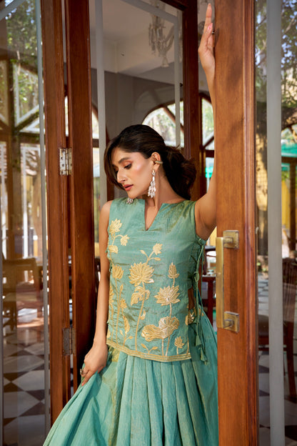 Sea Green Pure Shimmer Co-ord Set Lehenga choli With Designer Overlay Top