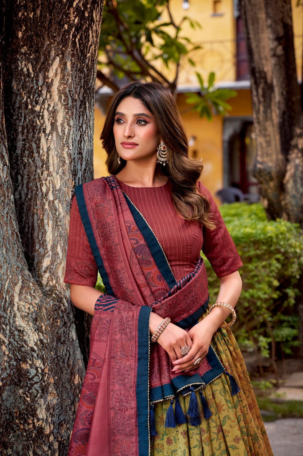Floral Printed Vichitra Silk Lehenga Choli with Dupatta