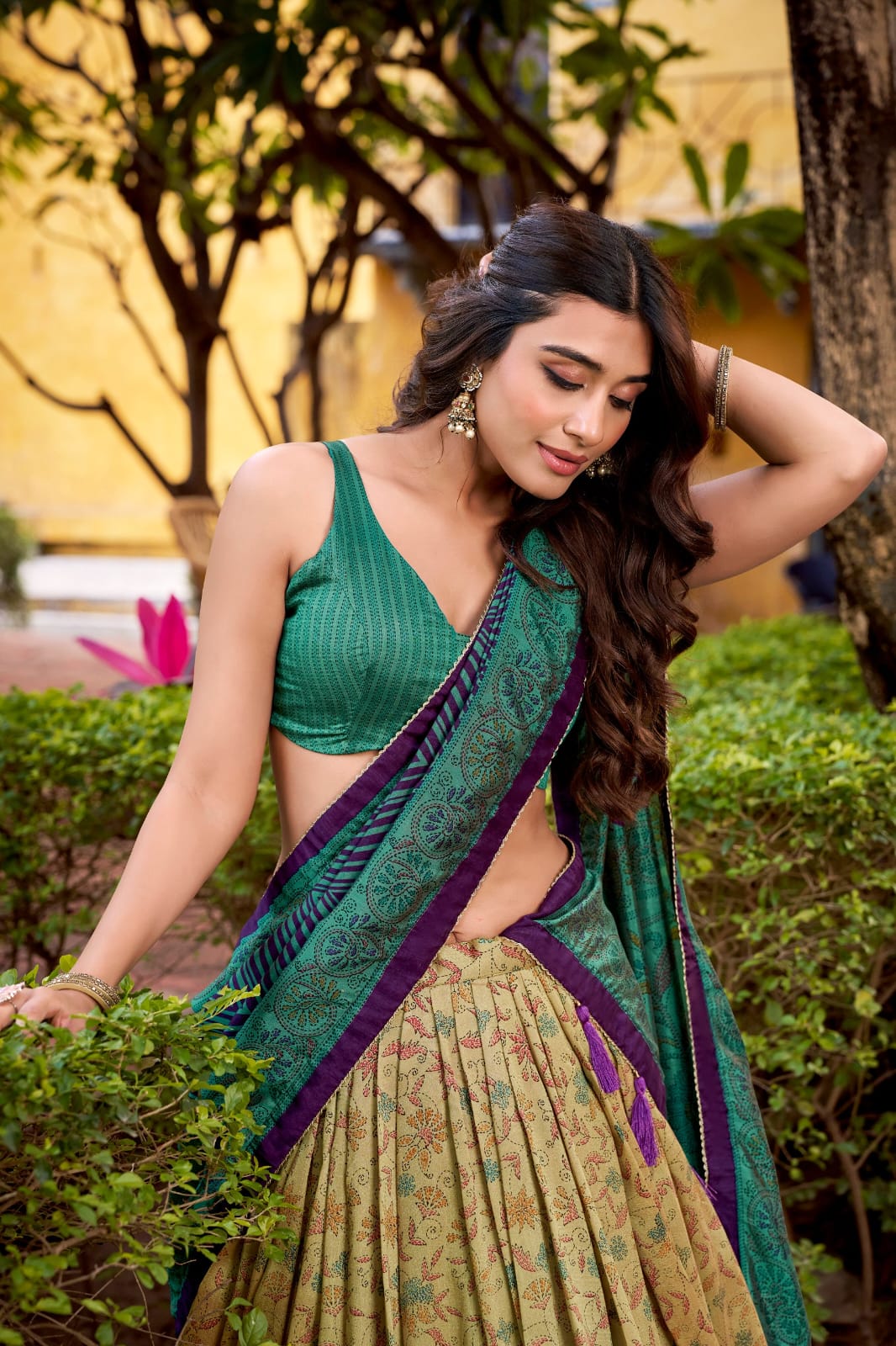 Floral Printed Vichitra Silk Lehenga Choli with Dupatta