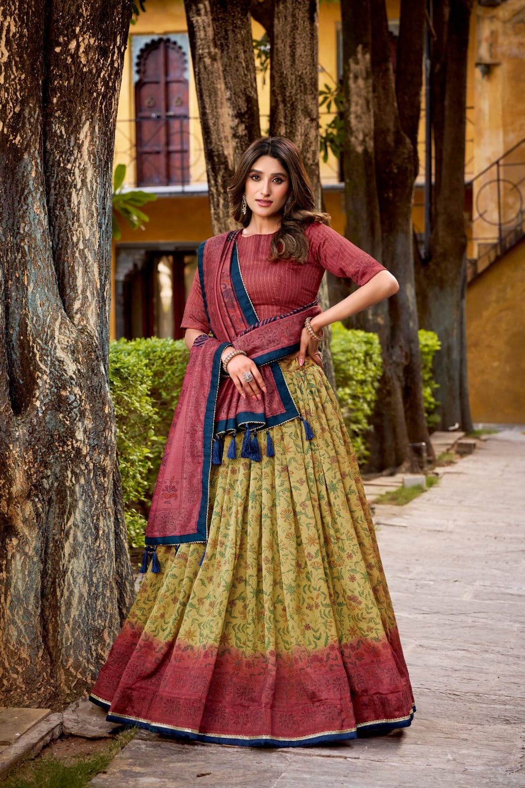 Floral Printed Vichitra Silk Lehenga Choli with Dupatta
