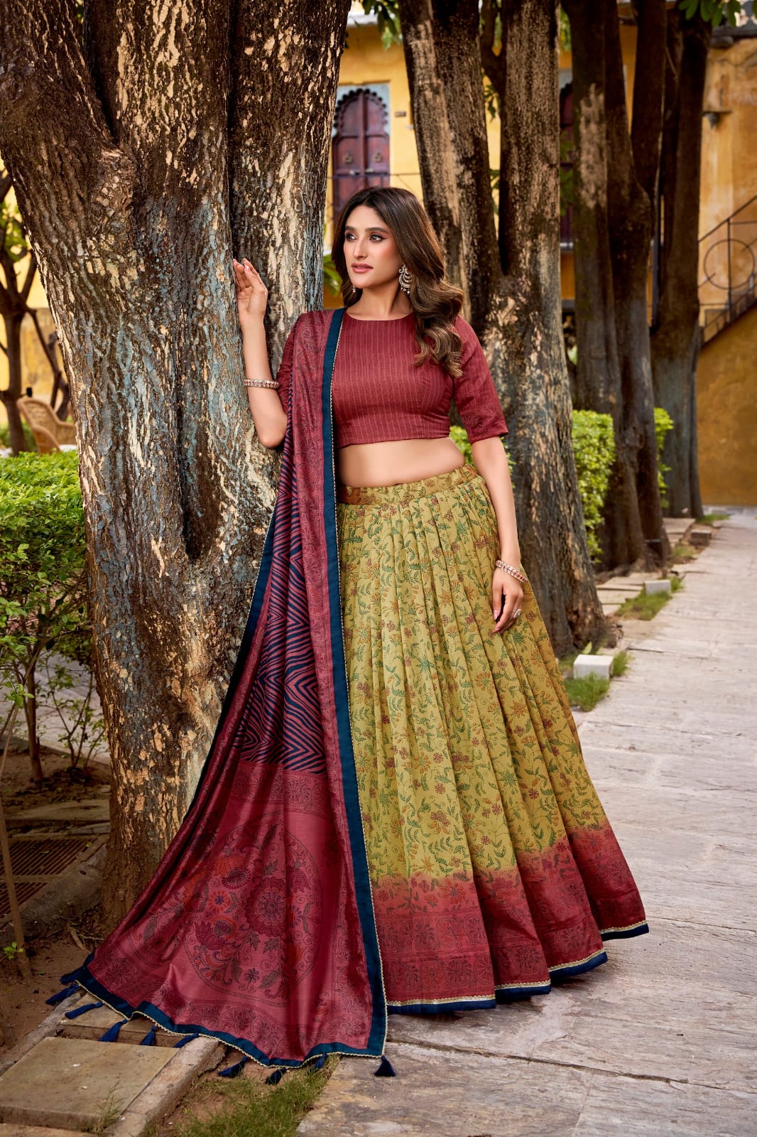 Floral Printed Vichitra Silk Lehenga Choli with Dupatta