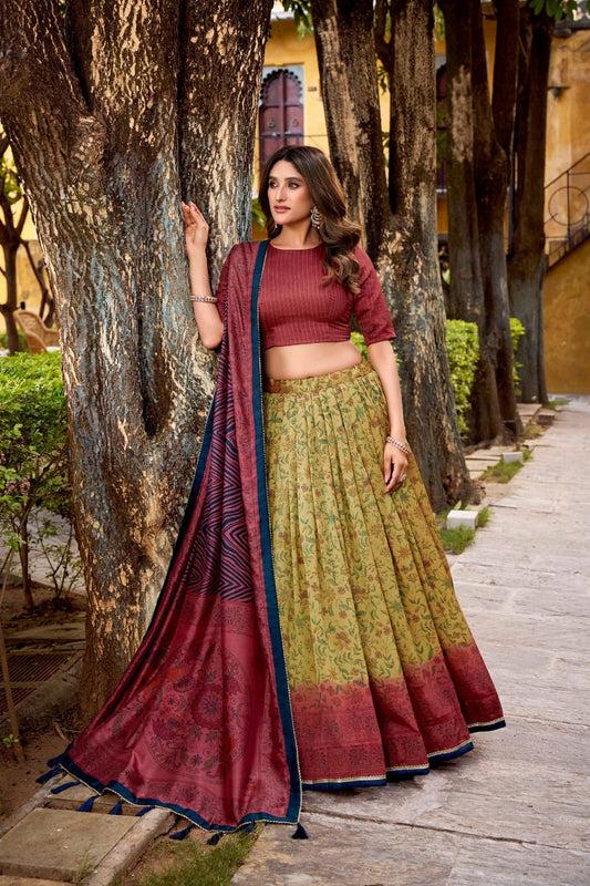 Floral Printed Vichitra Silk Lehenga Choli with Dupatta