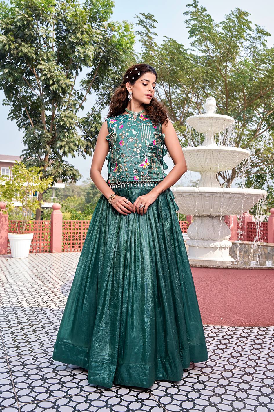 Rama Green Pure Gold Crush Co-ord Set Lehenga choli With Designer Overlay Top