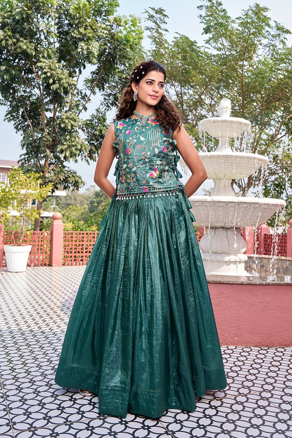 Rama Green Pure Gold Crush Co-ord Set Lehenga choli With Designer Overlay Top