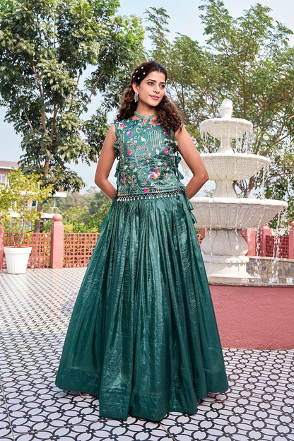 Rama Green Pure Gold Crush Co-ord Set Lehenga choli With Designer Overlay Top