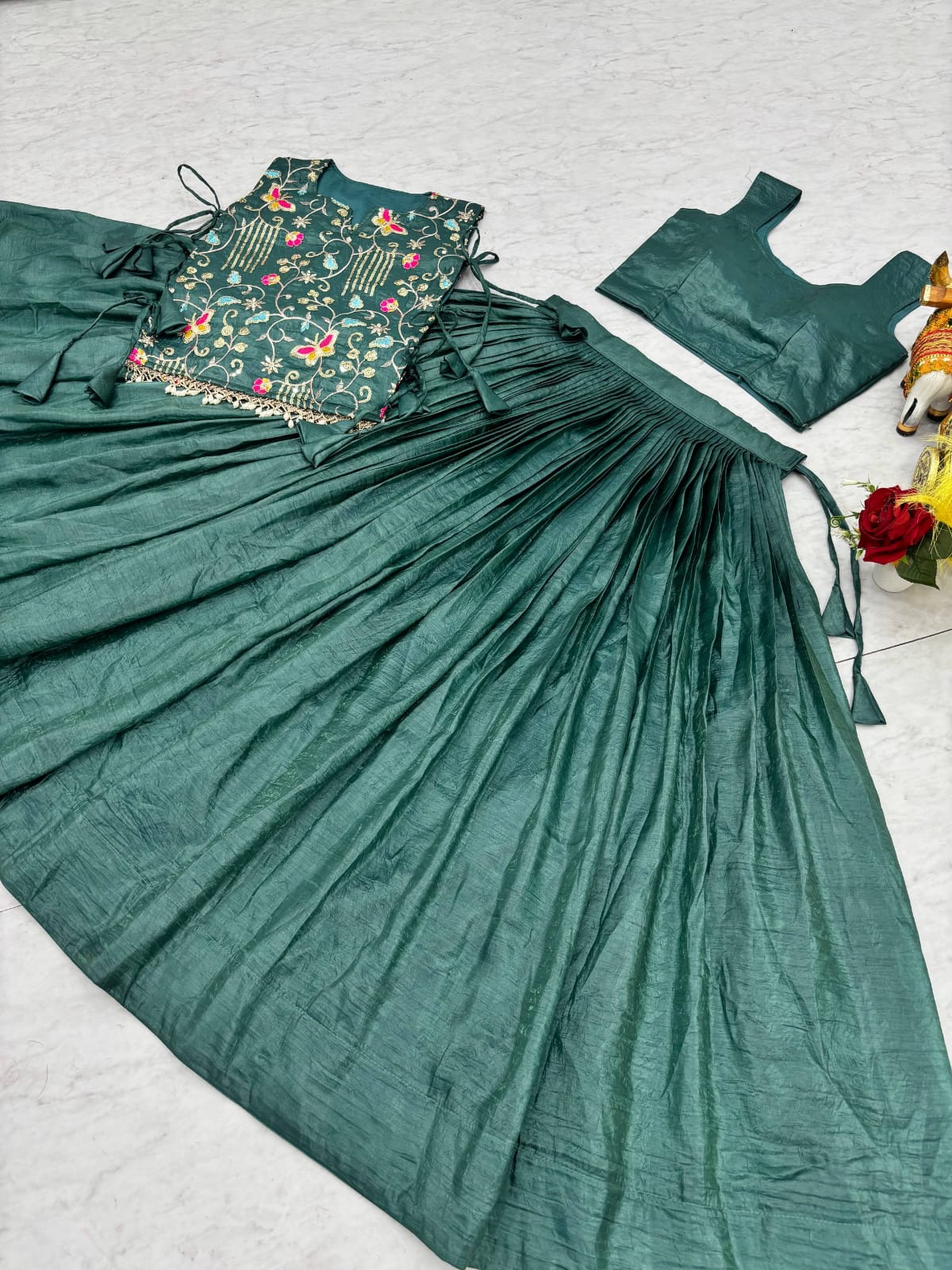 Rama Green Pure Gold Crush Co-ord Set Lehenga choli With Designer Overlay Top