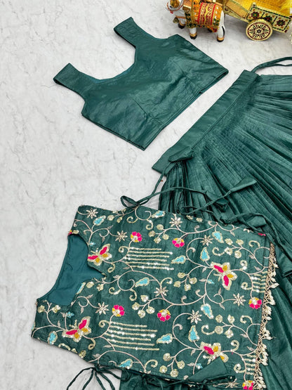 Rama Green Pure Gold Crush Co-ord Set Lehenga choli With Designer Overlay Top