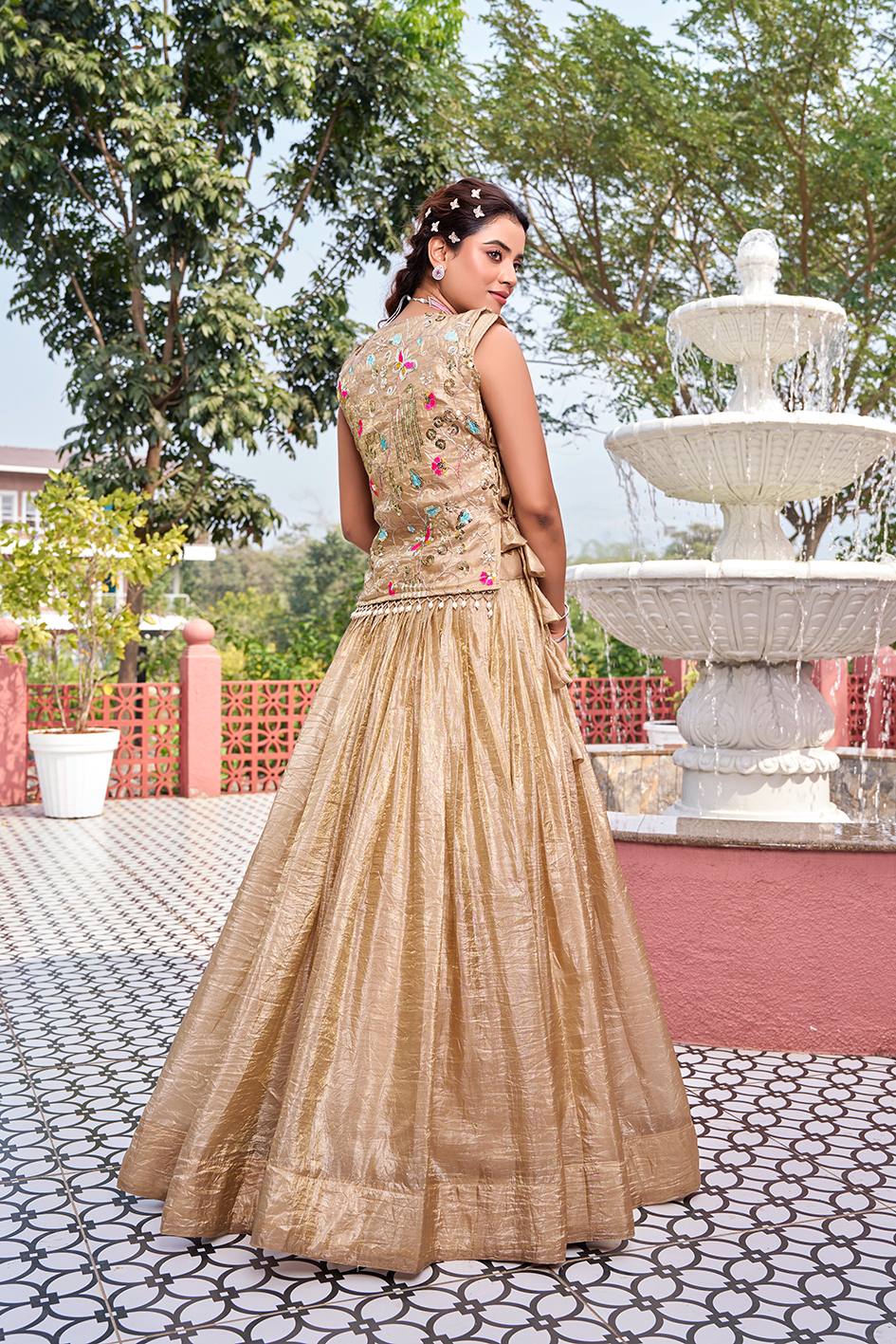 Chiku Pure Gold Crush Co-ord Set Lehenga choli With Designer Overlay Top
