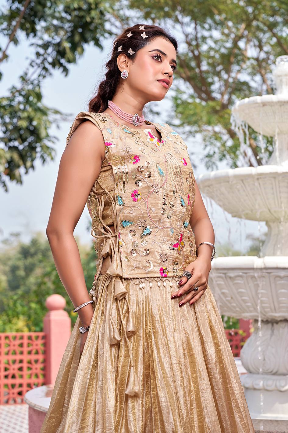Chiku Pure Gold Crush Co-ord Set Lehenga choli With Designer Overlay Top
