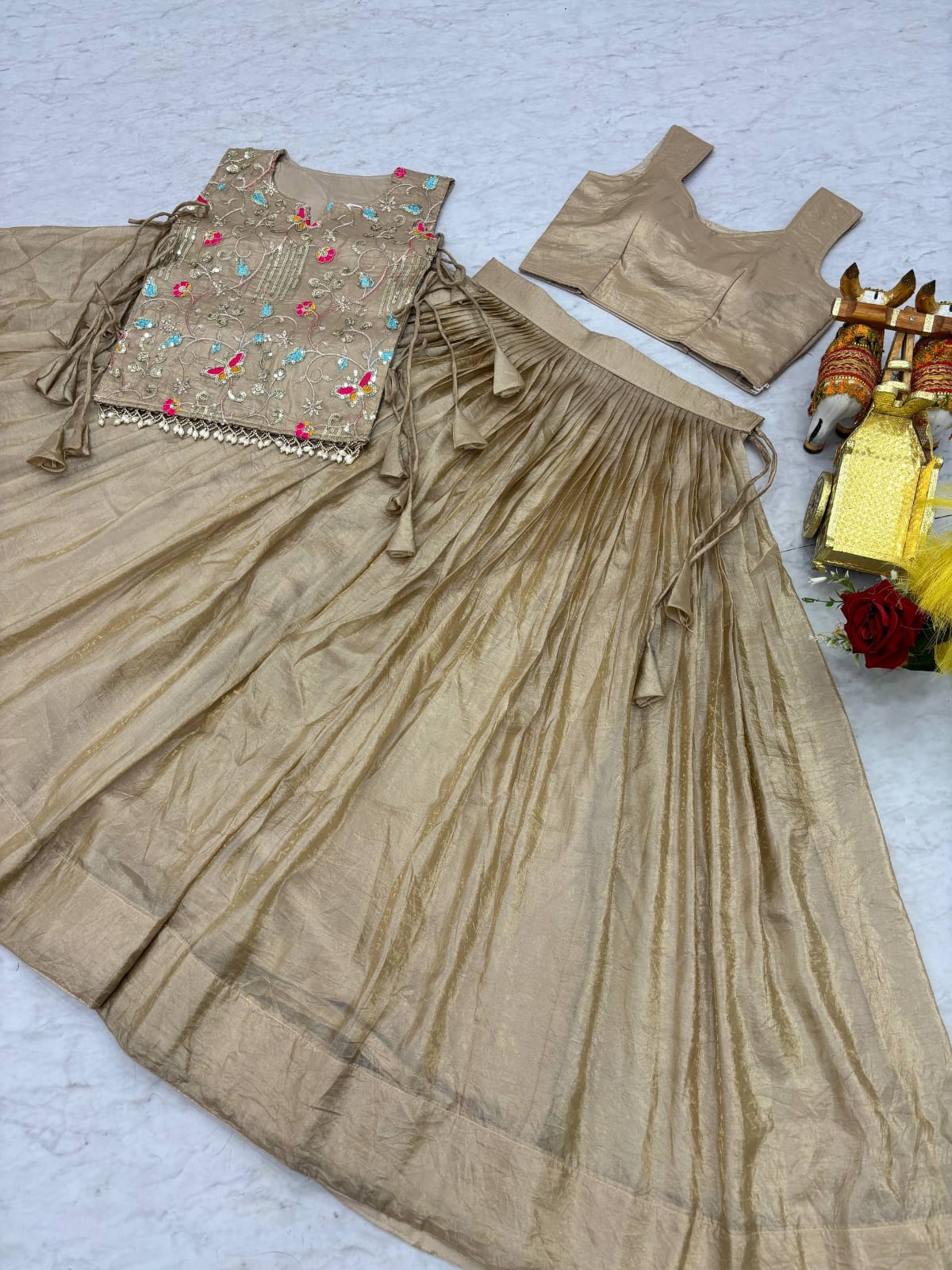 Chiku Pure Gold Crush Co-ord Set Lehenga choli With Designer Overlay Top