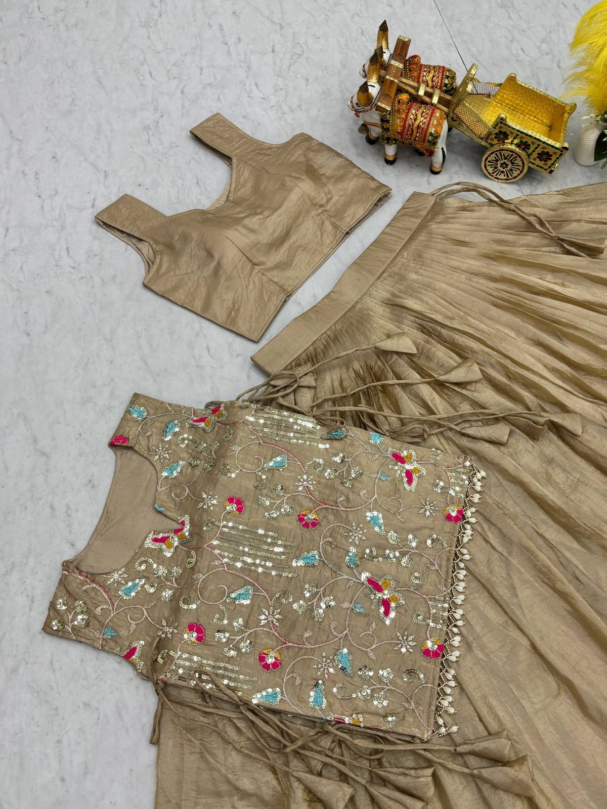 Chiku Pure Gold Crush Co-ord Set Lehenga choli With Designer Overlay Top