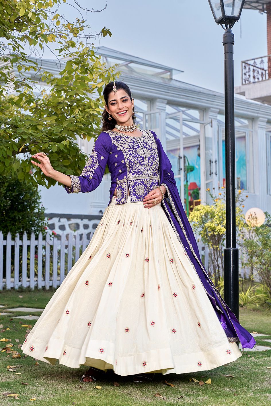 Ready-to-Wear Off-White Vichitra Lehenga with Embroidered Peplum Koti Blouse