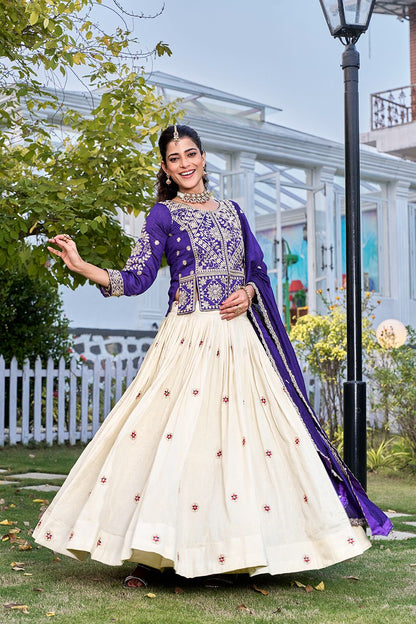 Ready-to-Wear Off-White Vichitra Lehenga with Embroidered Peplum Koti Blouse