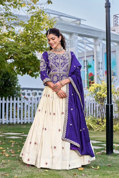 Ready-to-Wear Off-White Vichitra Lehenga with Embroidered Peplum Koti Blouse