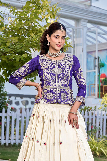 Ready-to-Wear Off-White Vichitra Lehenga with Embroidered Peplum Koti Blouse