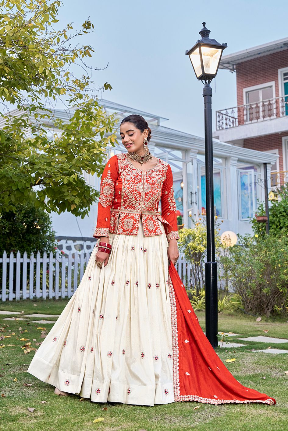 Ready-to-Wear Off-White Vichitra Lehenga with Embroidered Peplum Koti Blouse