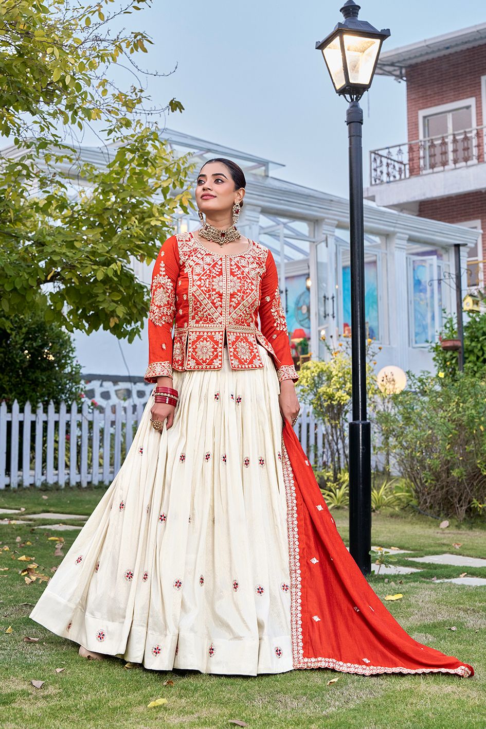 Ready-to-Wear Off-White Vichitra Lehenga with Embroidered Peplum Koti Blouse