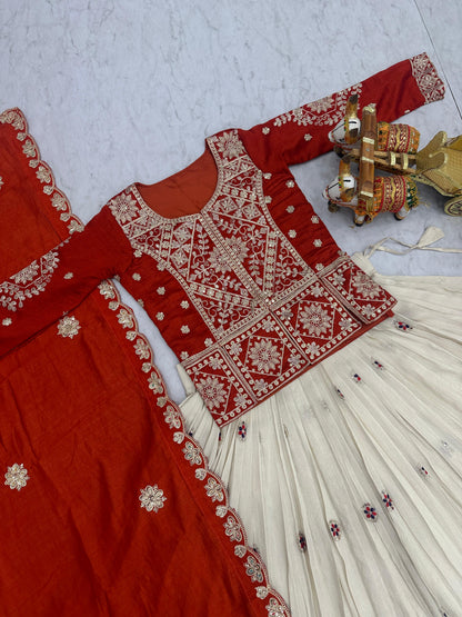 Ready-to-Wear Off-White Vichitra Lehenga with Embroidered Peplum Koti Blouse