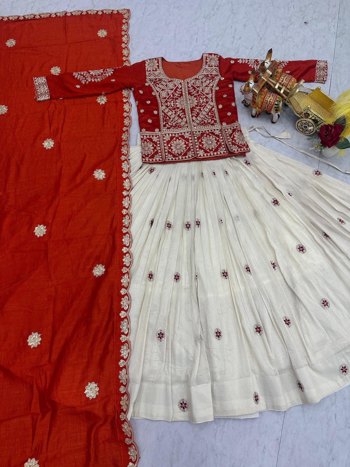 Ready-to-Wear Off-White Vichitra Lehenga with Embroidered Peplum Koti Blouse