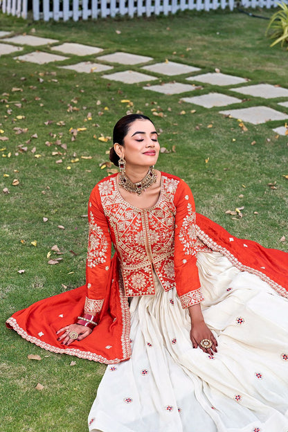 Ready-to-Wear Off-White Vichitra Lehenga with Embroidered Peplum Koti Blouse