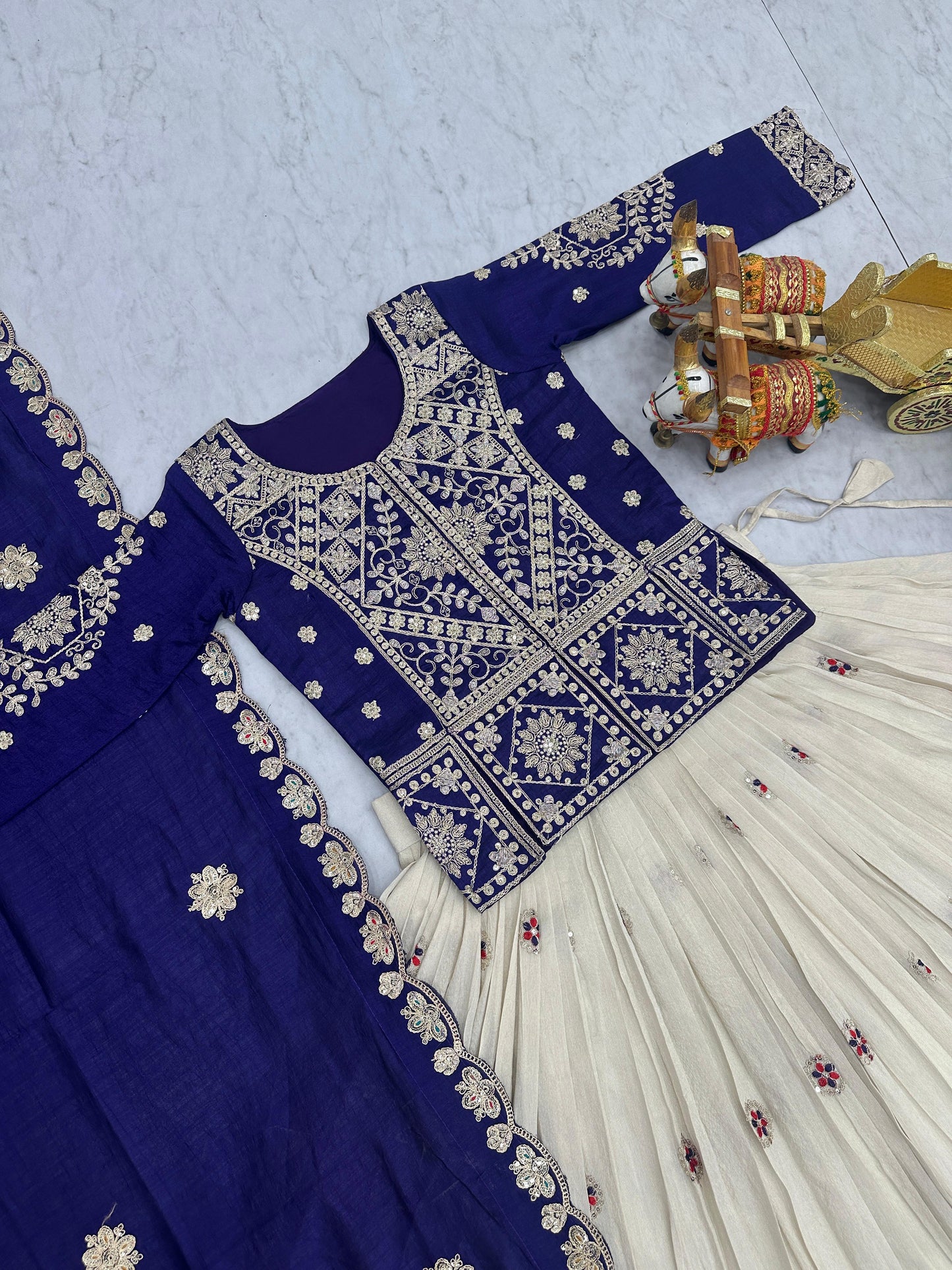 Ready-to-Wear Off-White Vichitra Lehenga with Embroidered Peplum Koti Blouse